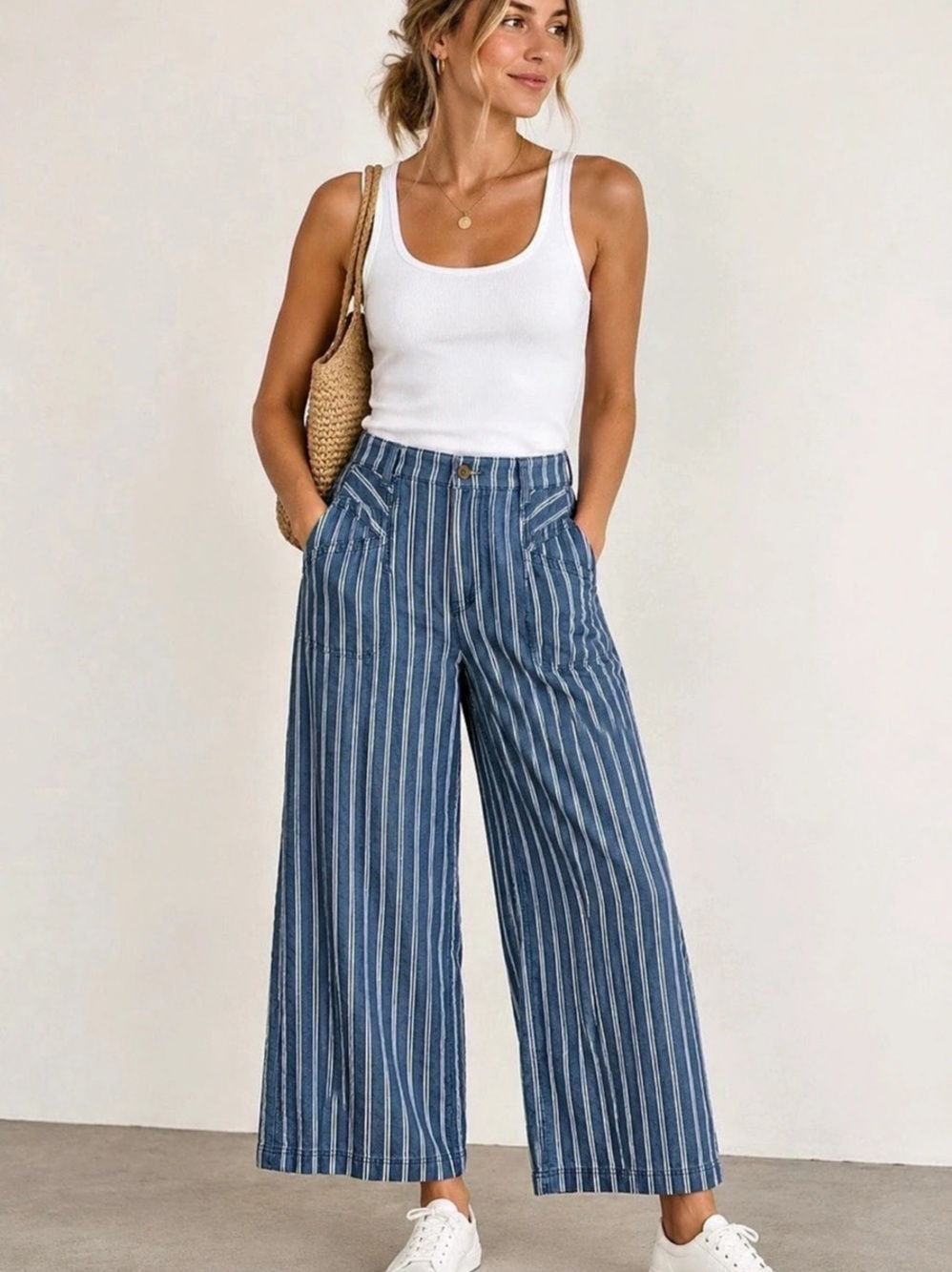 American Eagle Striped Wide Leg Cropped Cotton Pants in Blue & White Size 8